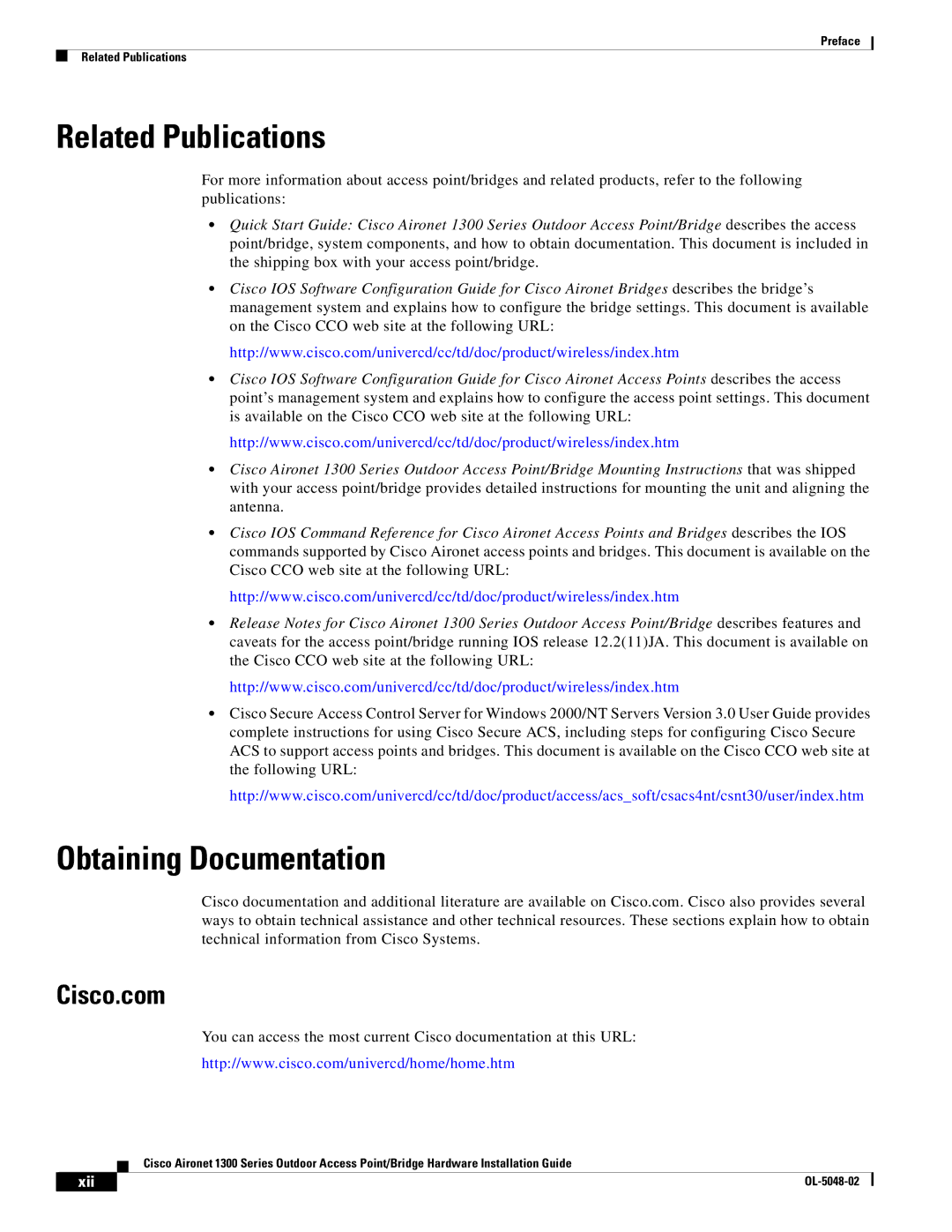 Cisco Systems 1300 Series manual Related Publications, Obtaining Documentation, Cisco.com 