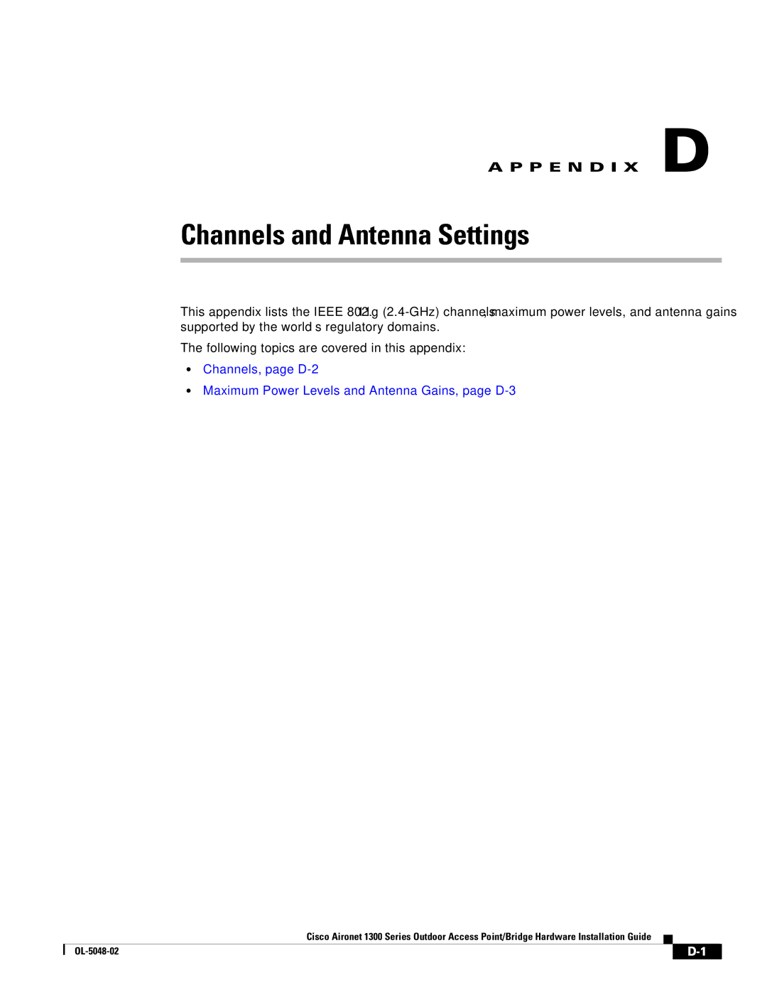 Cisco Systems 1300 Series manual Channels and Antenna Settings 