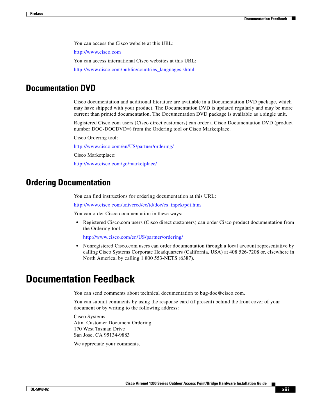 Cisco Systems 1300 Series manual Documentation Feedback, Documentation DVD, Ordering Documentation 