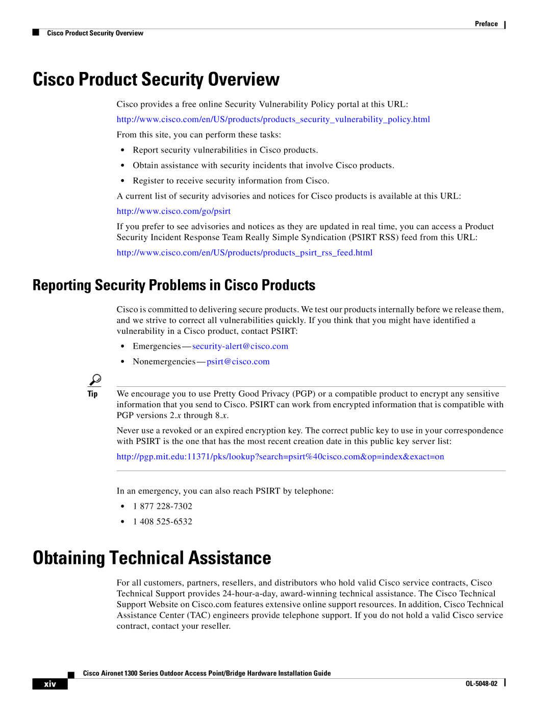 Cisco Systems 1300 Series manual Cisco Product Security Overview, Obtaining Technical Assistance 