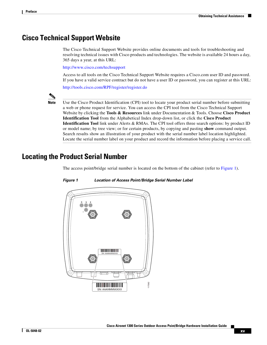 Cisco Systems 1300 Series manual Cisco Technical Support Website, Locating the Product Serial Number 