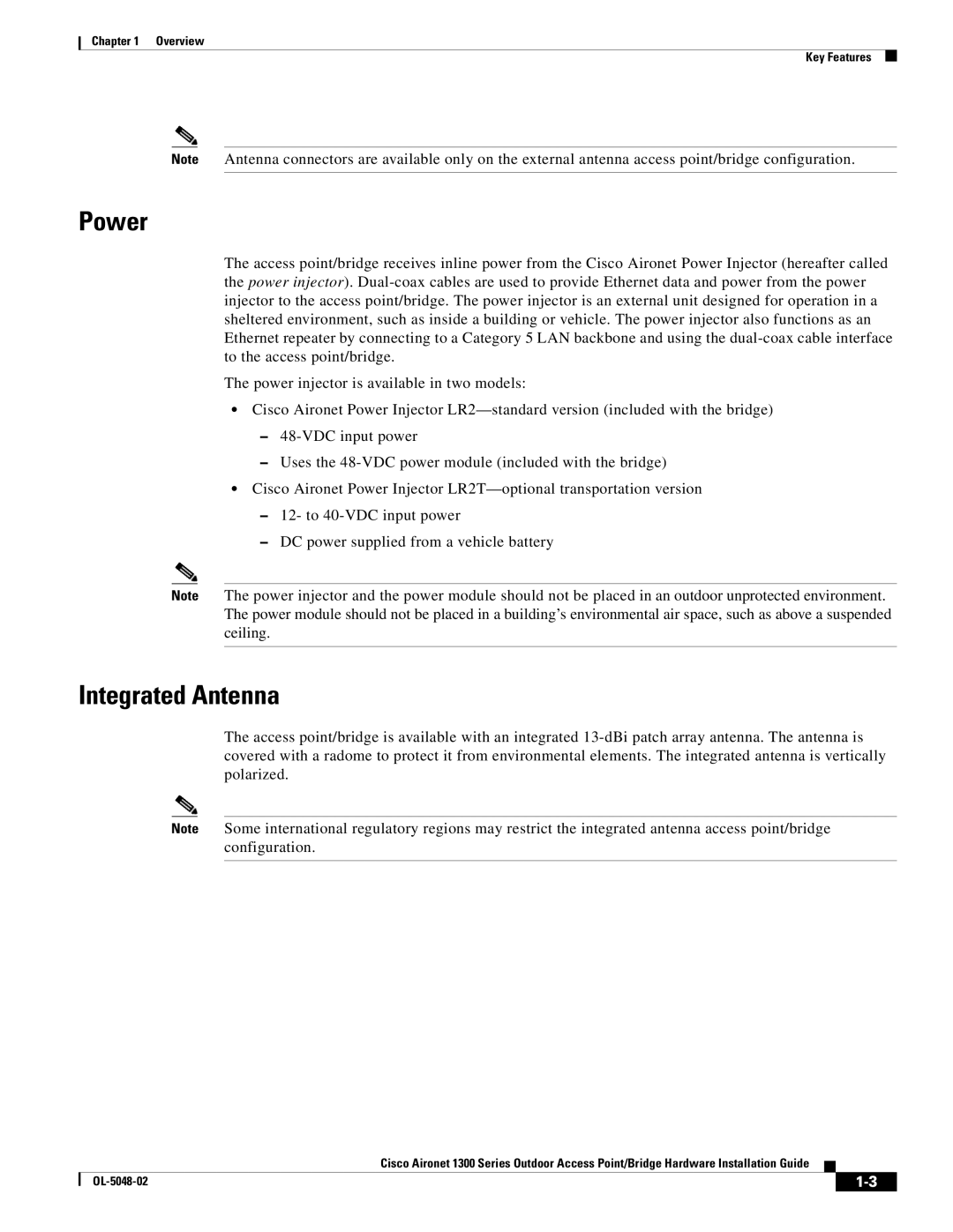 Cisco Systems 1300 Series manual Power, Integrated Antenna 