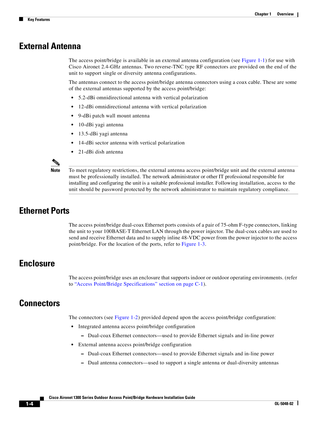 Cisco Systems 1300 Series manual External Antenna, Ethernet Ports, Enclosure, Connectors 