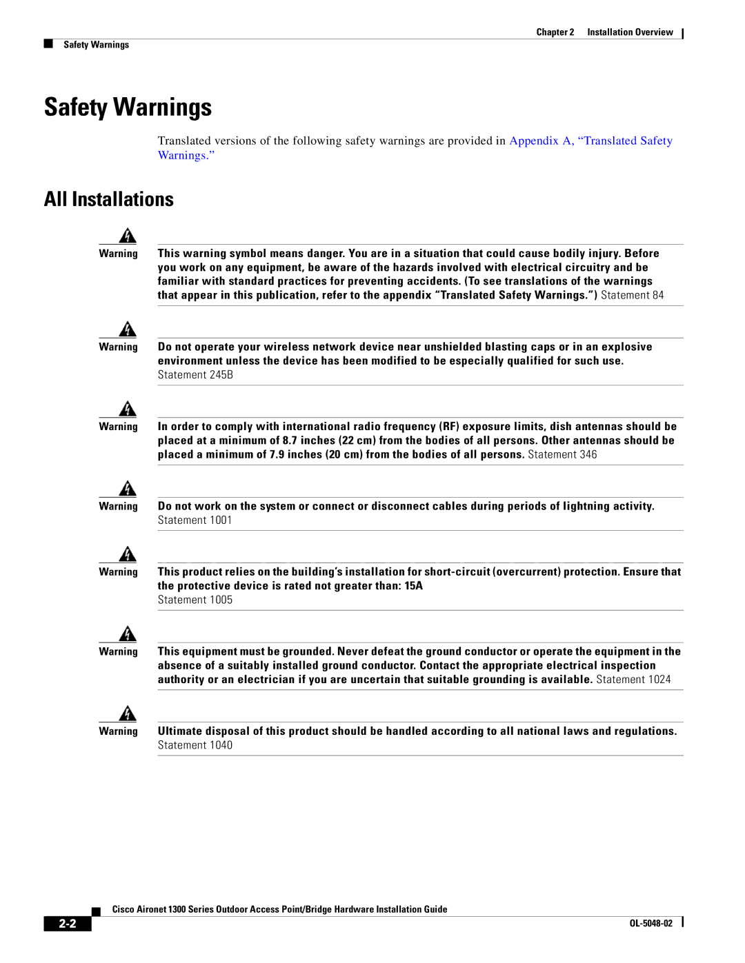 Cisco Systems 1300 Series manual Safety Warnings, All Installations 