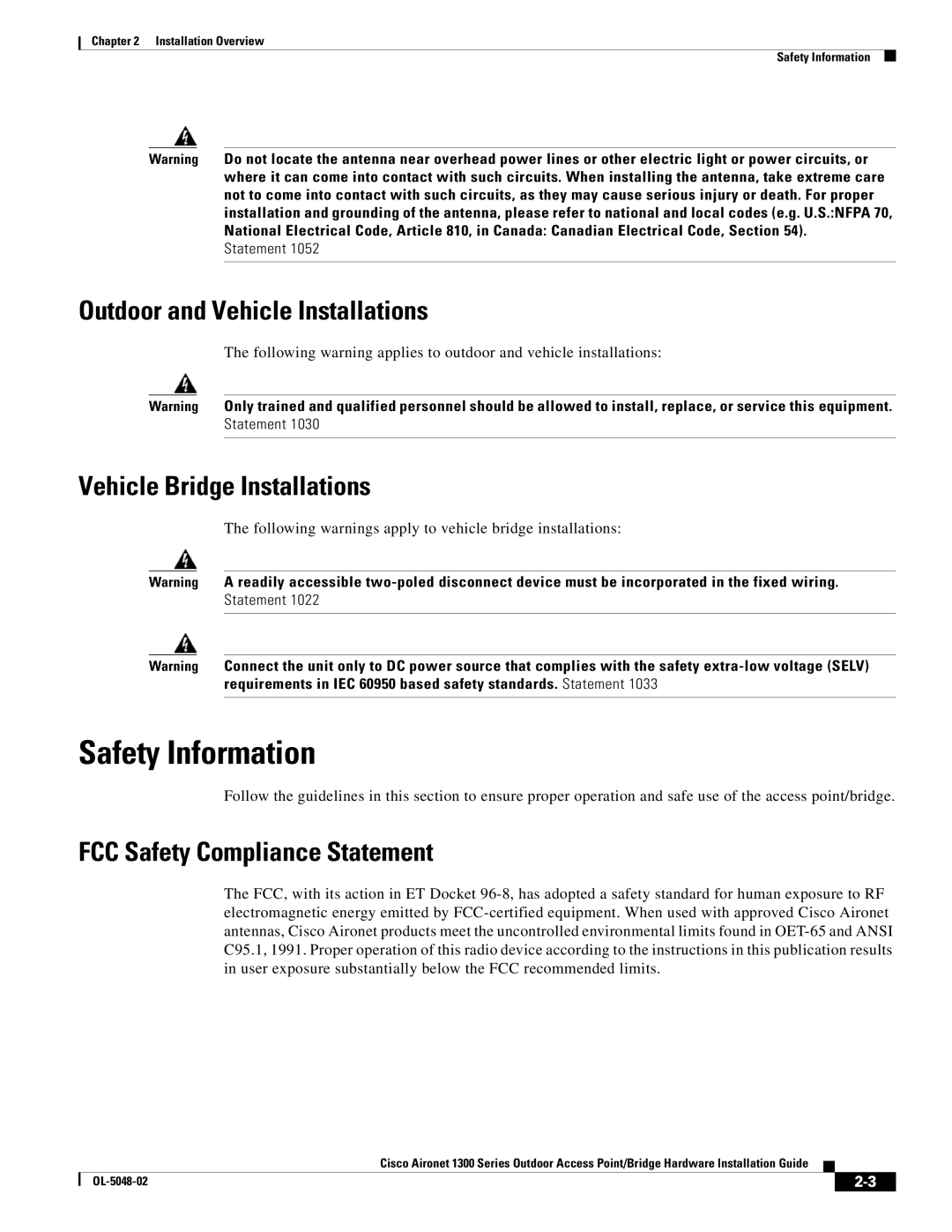 Cisco Systems 1300 Series manual Safety Information, Outdoor and Vehicle Installations, Vehicle Bridge Installations 