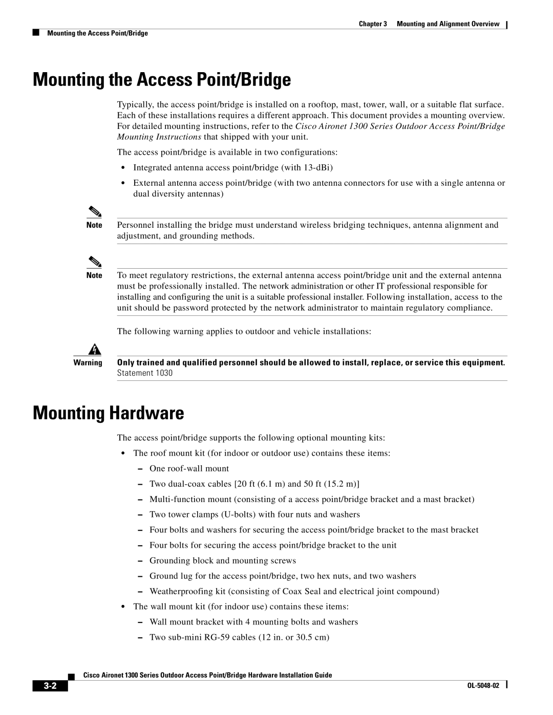 Cisco Systems 1300 Series manual Mounting the Access Point/Bridge, Mounting Hardware 