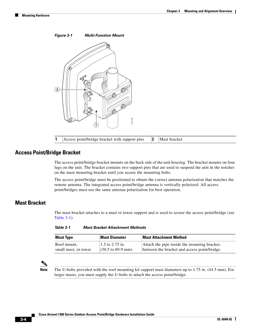 Cisco Systems 1300 Series manual Access Point/Bridge Bracket, Mast Type Mast Diameter Mast Attachment Method 