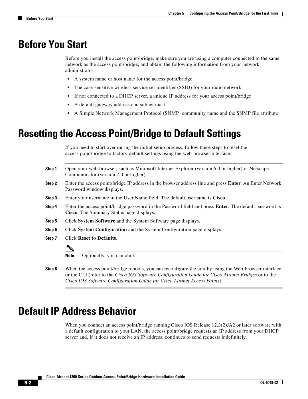 Cisco Systems 1300 Series manual Before You Start, Resetting the Access Point/Bridge to Default Settings 