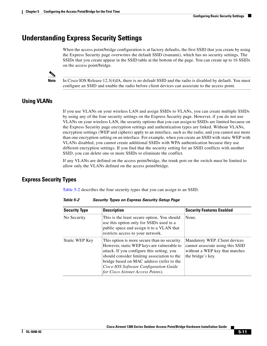 Cisco Systems 1300 Series Understanding Express Security Settings, Security Type Description Security Features Enabled 