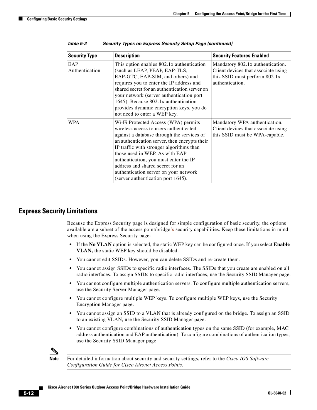 Cisco Systems 1300 Series manual Express Security Limitations 