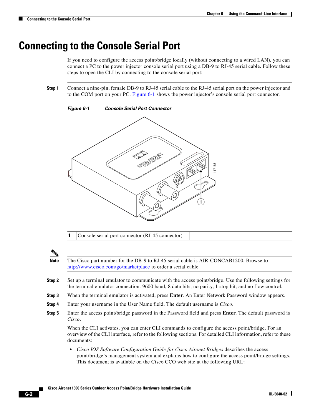 Cisco Systems 1300 Series manual Connecting to the Console Serial Port, Console Serial Port Connector 