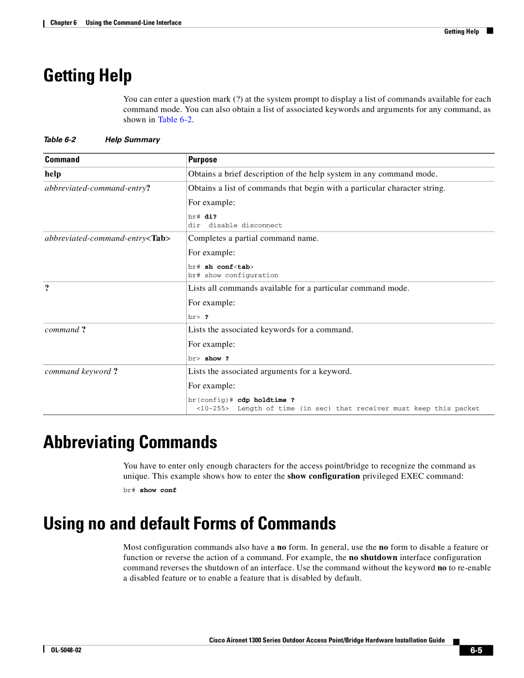 Cisco Systems 1300 Series manual Getting Help, Abbreviating Commands, Using no and default Forms of Commands 