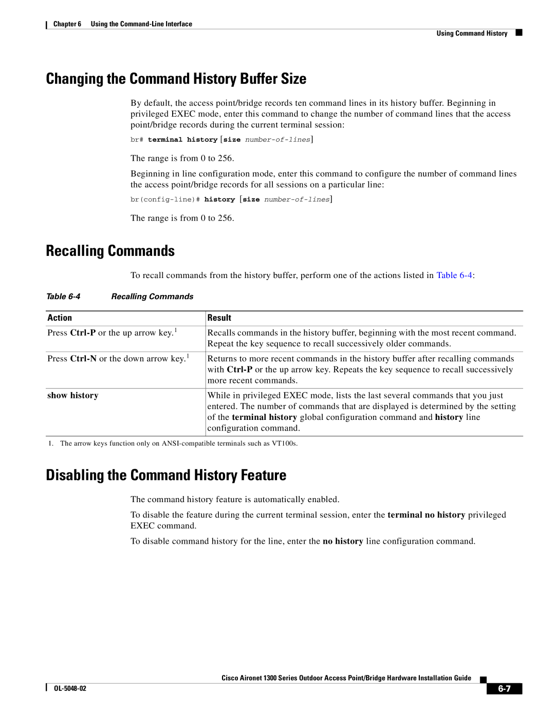 Cisco Systems 1300 Series manual Changing the Command History Buffer Size, Recalling Commands, Action Result 