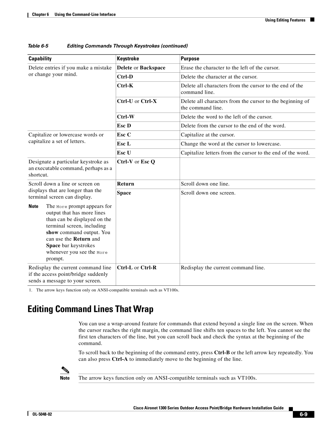 Cisco Systems 1300 Series manual Editing Command Lines That Wrap, Capability Keystroke Purpose 