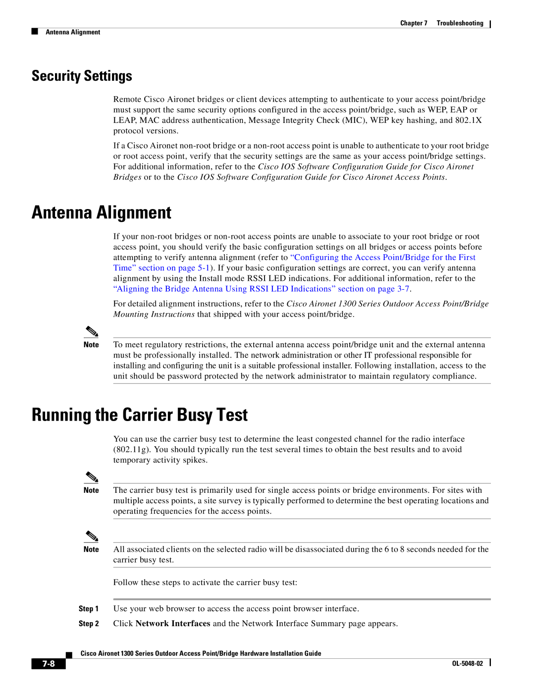 Cisco Systems 1300 Series manual Antenna Alignment, Running the Carrier Busy Test, Security Settings 