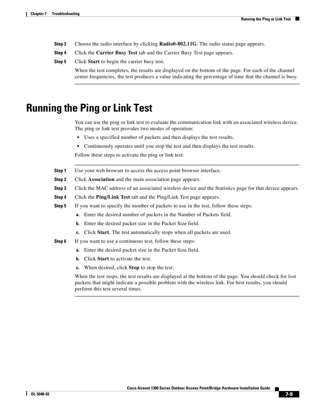 Cisco Systems 1300 Series manual Running the Ping or Link Test 