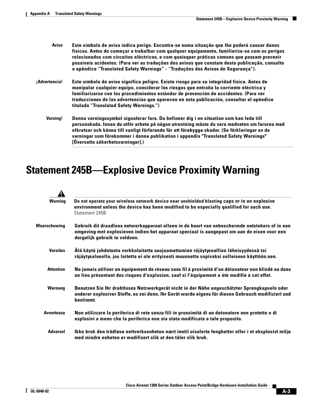 Cisco Systems 1300 Series manual Statement 245B-Explosive Device Proximity Warning, Dergelijk gebruik te voldoen, Bestimmt 