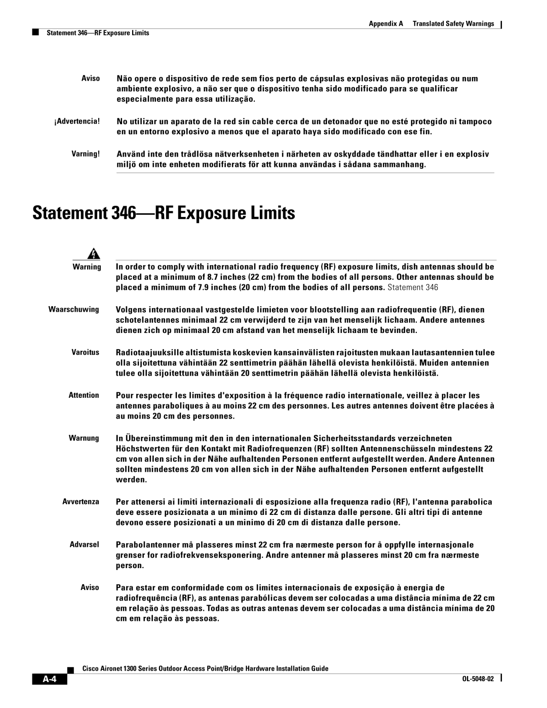 Cisco Systems 1300 Series manual Statement 346-RF Exposure Limits 