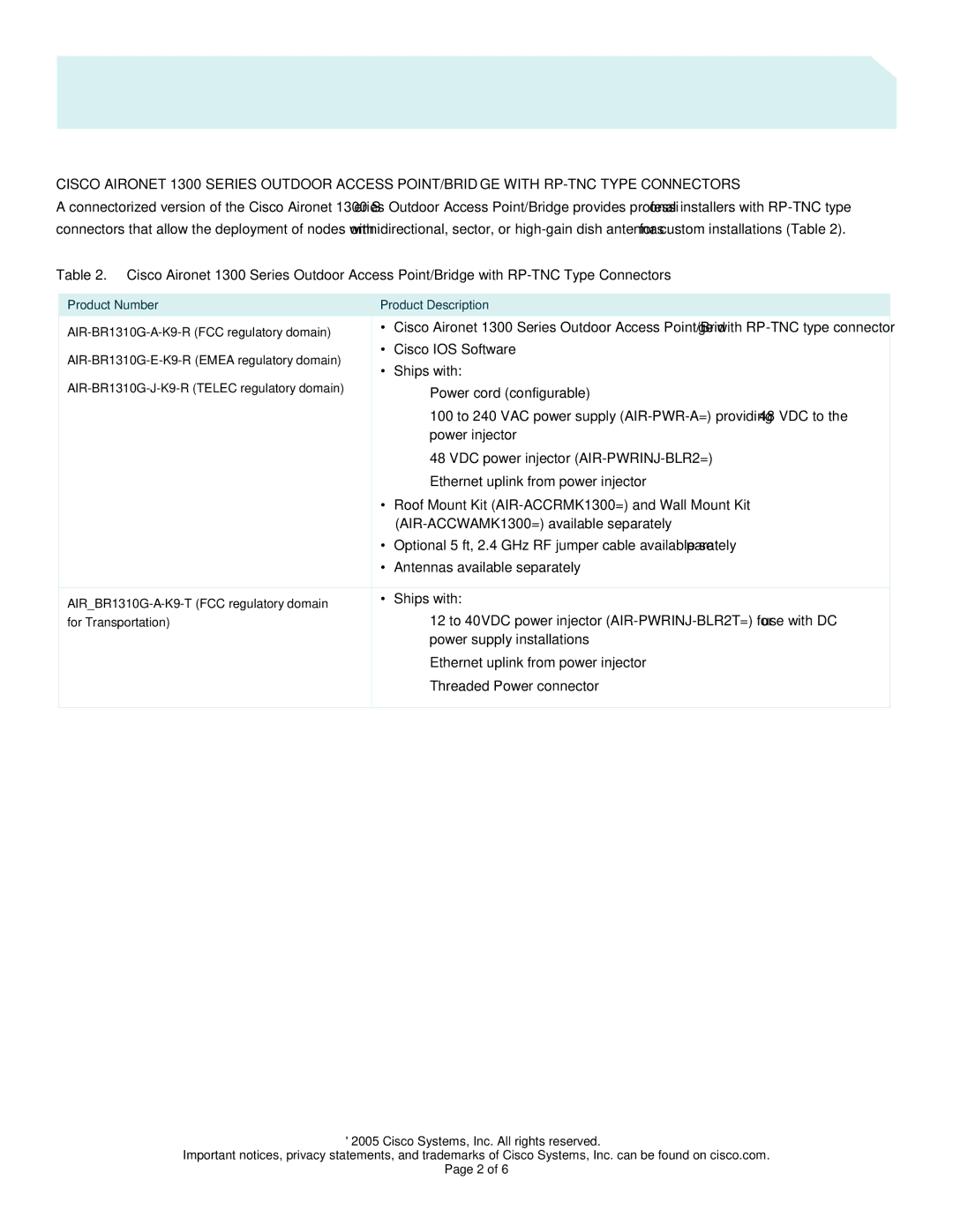 Cisco Systems 1300 manual Cisco IOS Software, Ships with, 100 to 240 VAC power supply AIR-PWR-A= providing 48 VDC to 