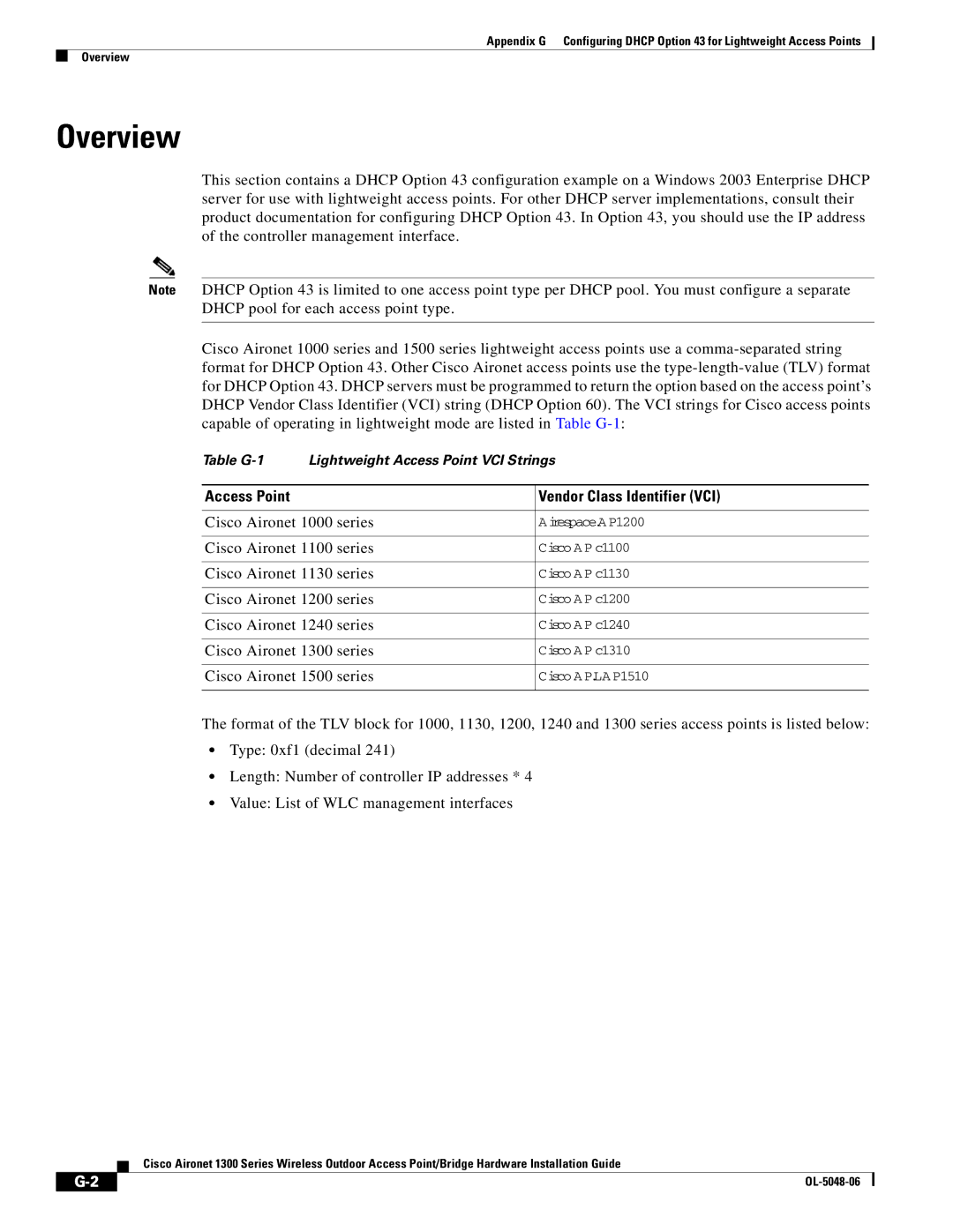 Cisco Systems 1300 manual Access Point Vendor Class Identifier VCI 