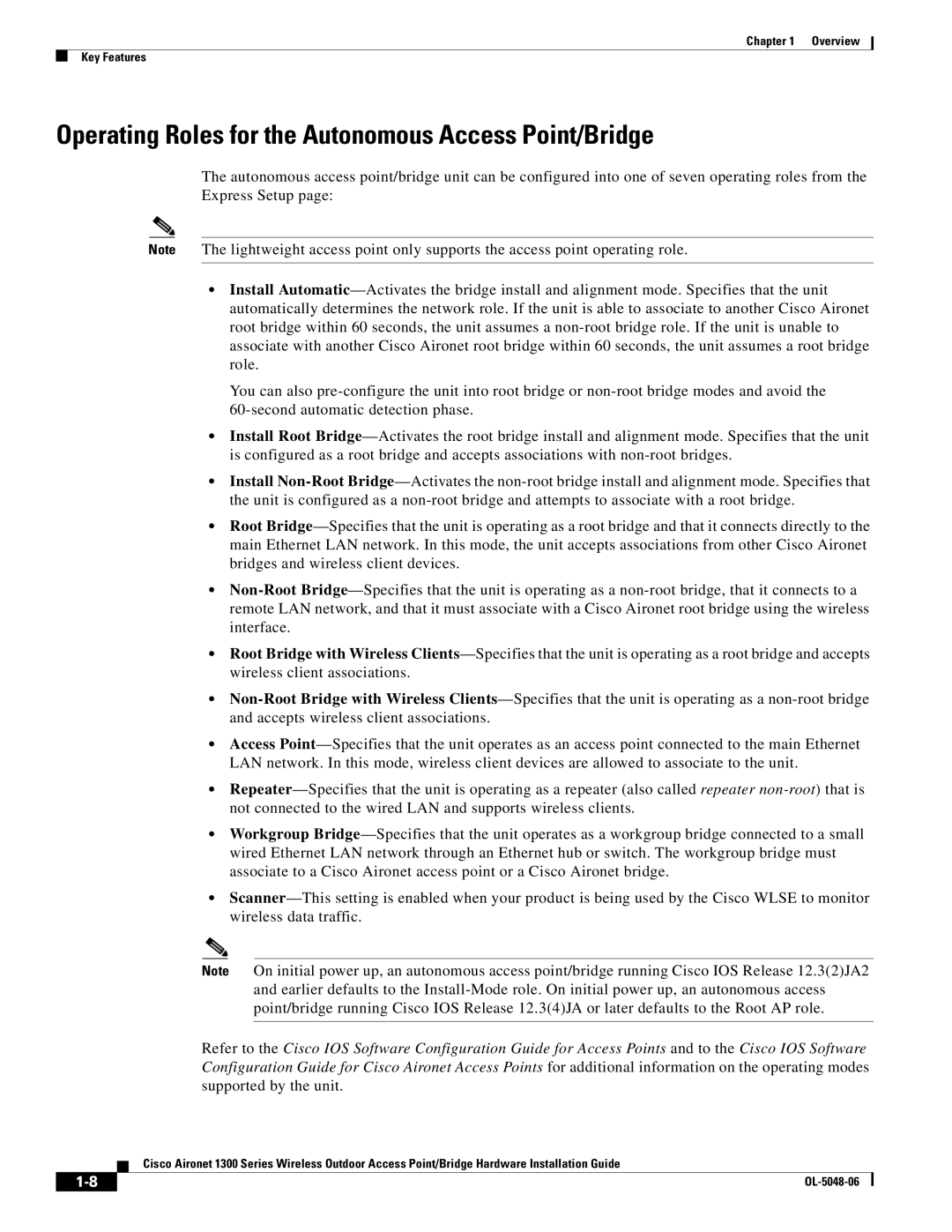 Cisco Systems 1300 manual Operating Roles for the Autonomous Access Point/Bridge 