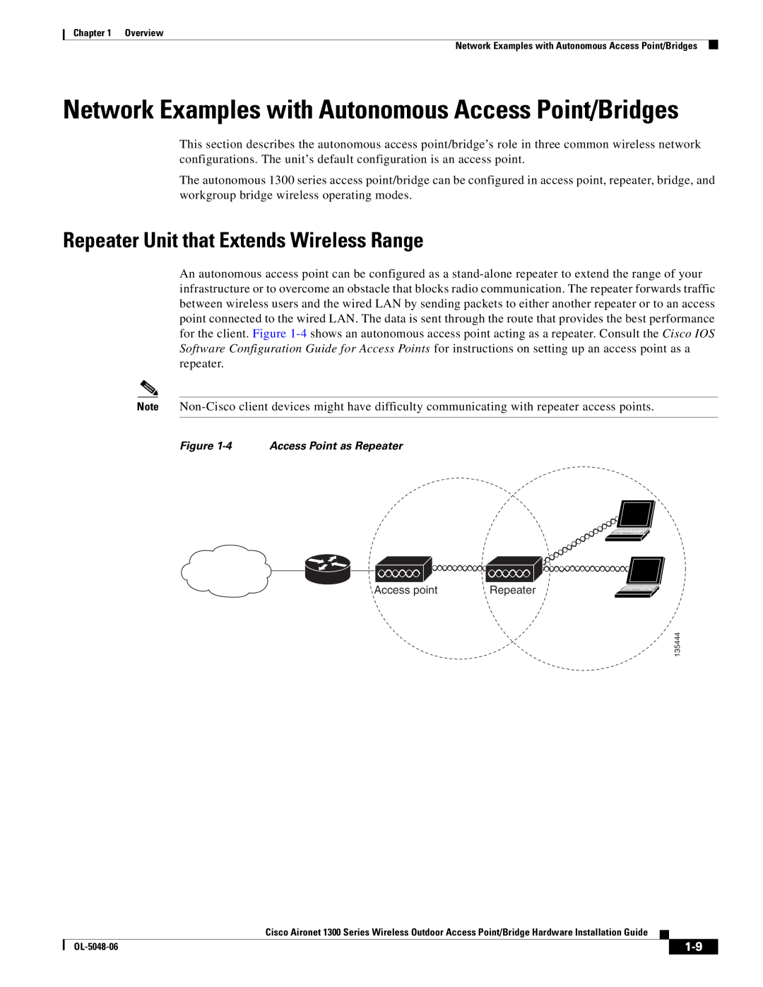 Cisco Systems 1300 manual Network Examples with Autonomous Access Point/Bridges, Repeater Unit that Extends Wireless Range 