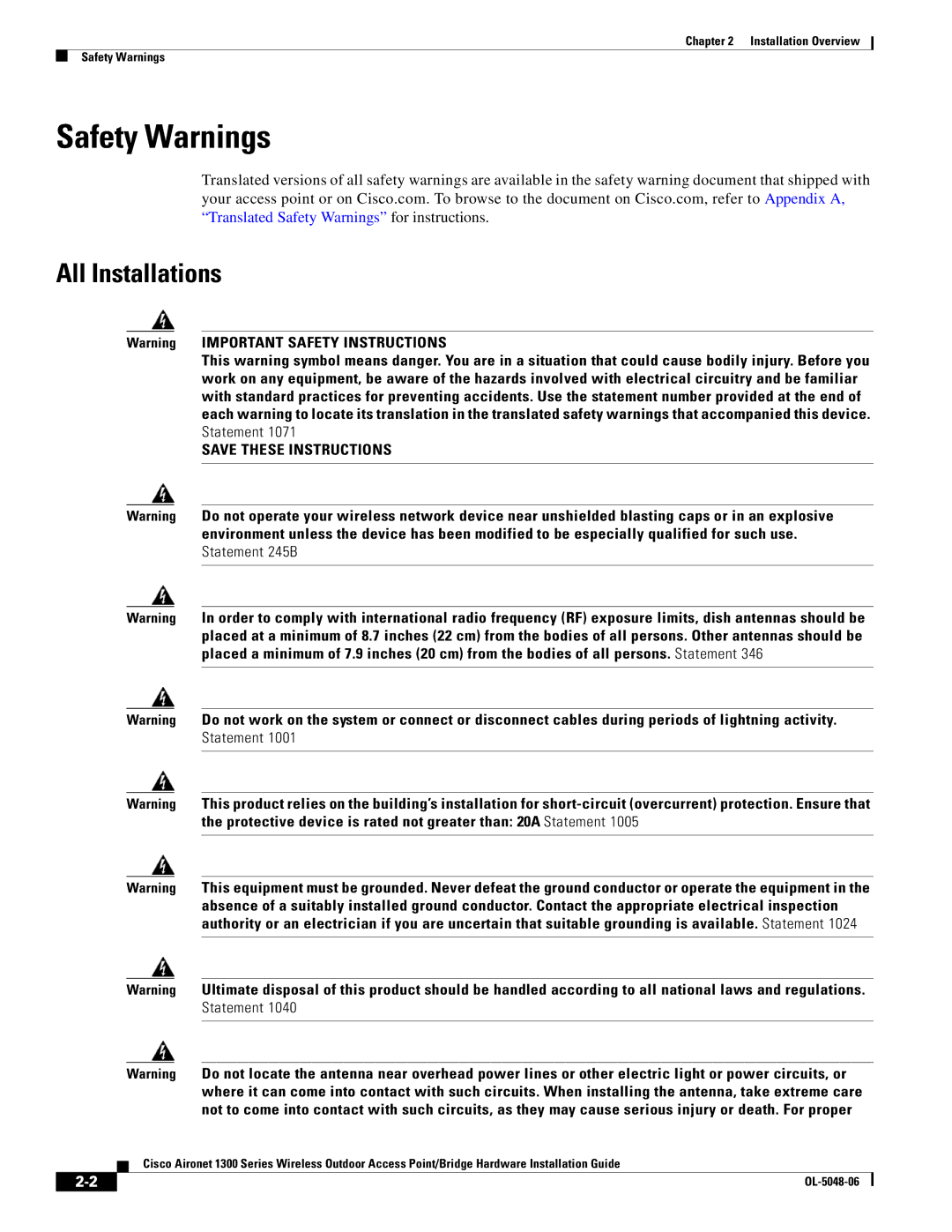 Cisco Systems 1300 manual Safety Warnings, All Installations 