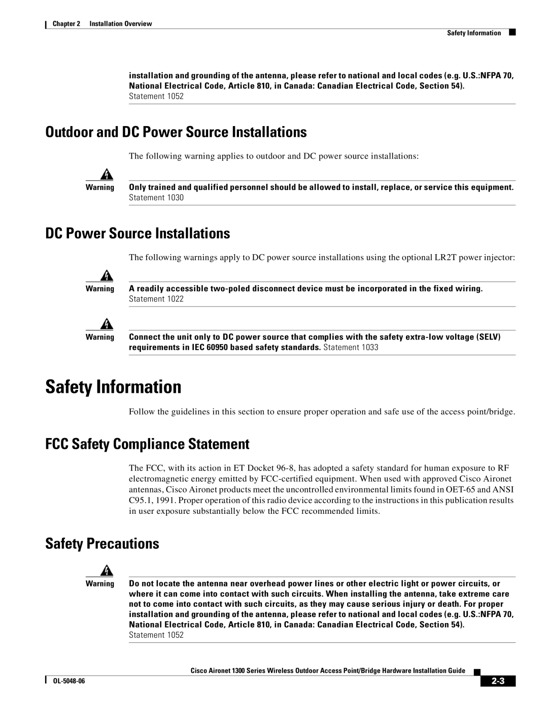 Cisco Systems 1300 manual Safety Information, Outdoor and DC Power Source Installations, FCC Safety Compliance Statement 