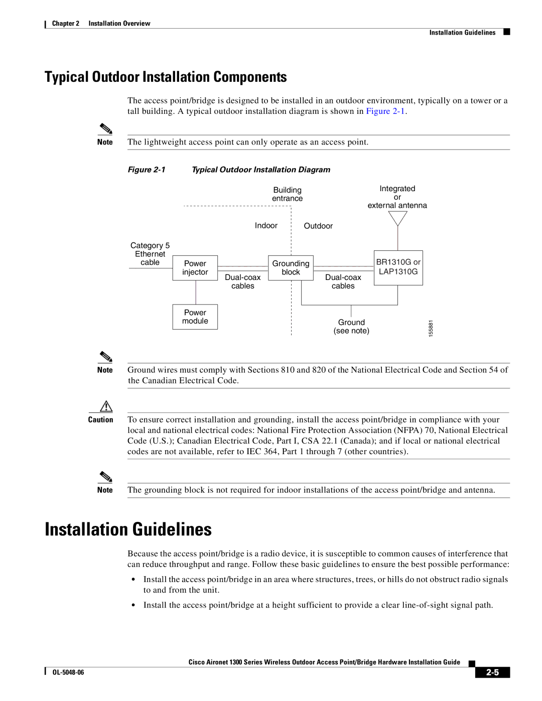 Cisco Systems 1300 manual Installation Guidelines, Typical Outdoor Installation Components 