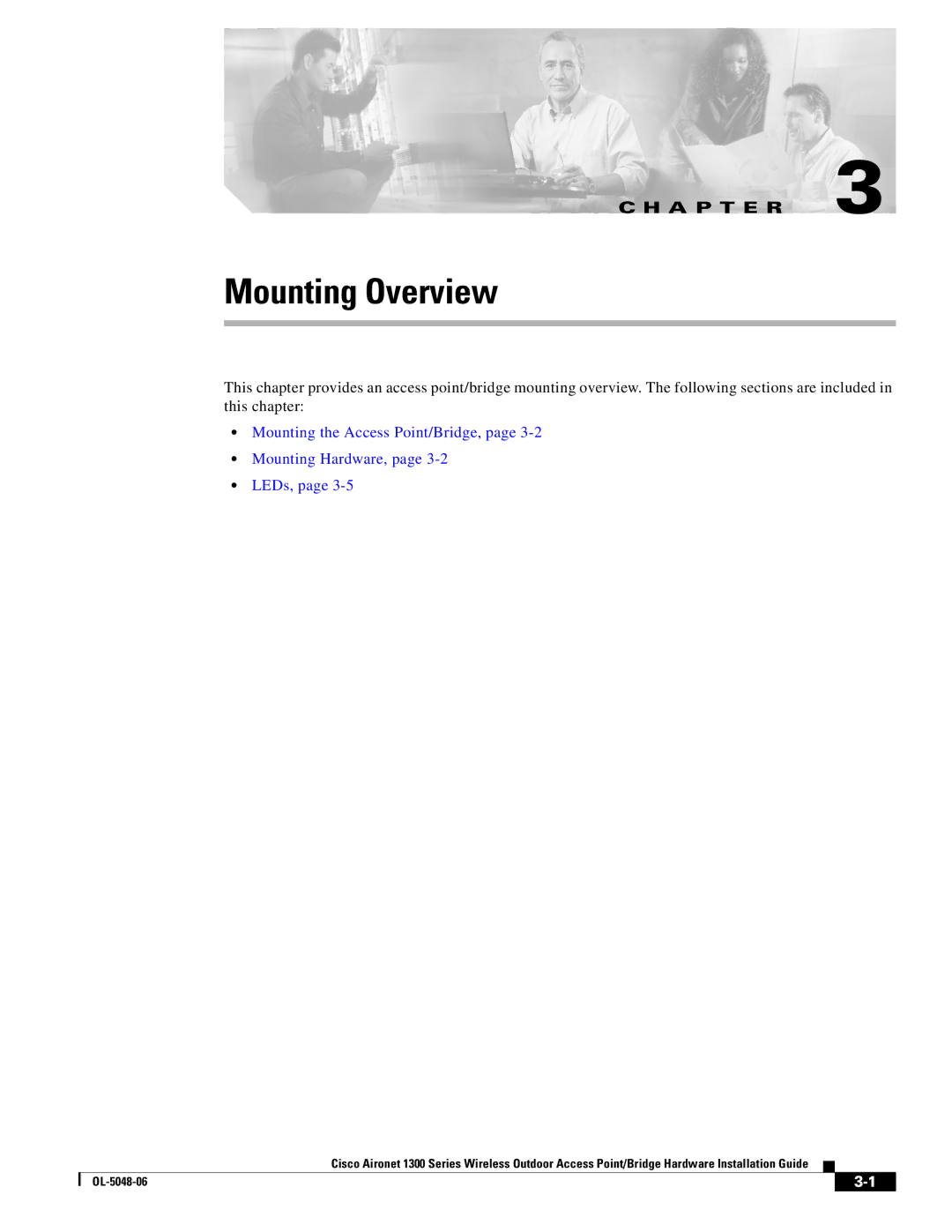 Cisco Systems 1300 manual Mounting Overview, Mounting the Access Point/Bridge, Mounting Hardware, LEDs 