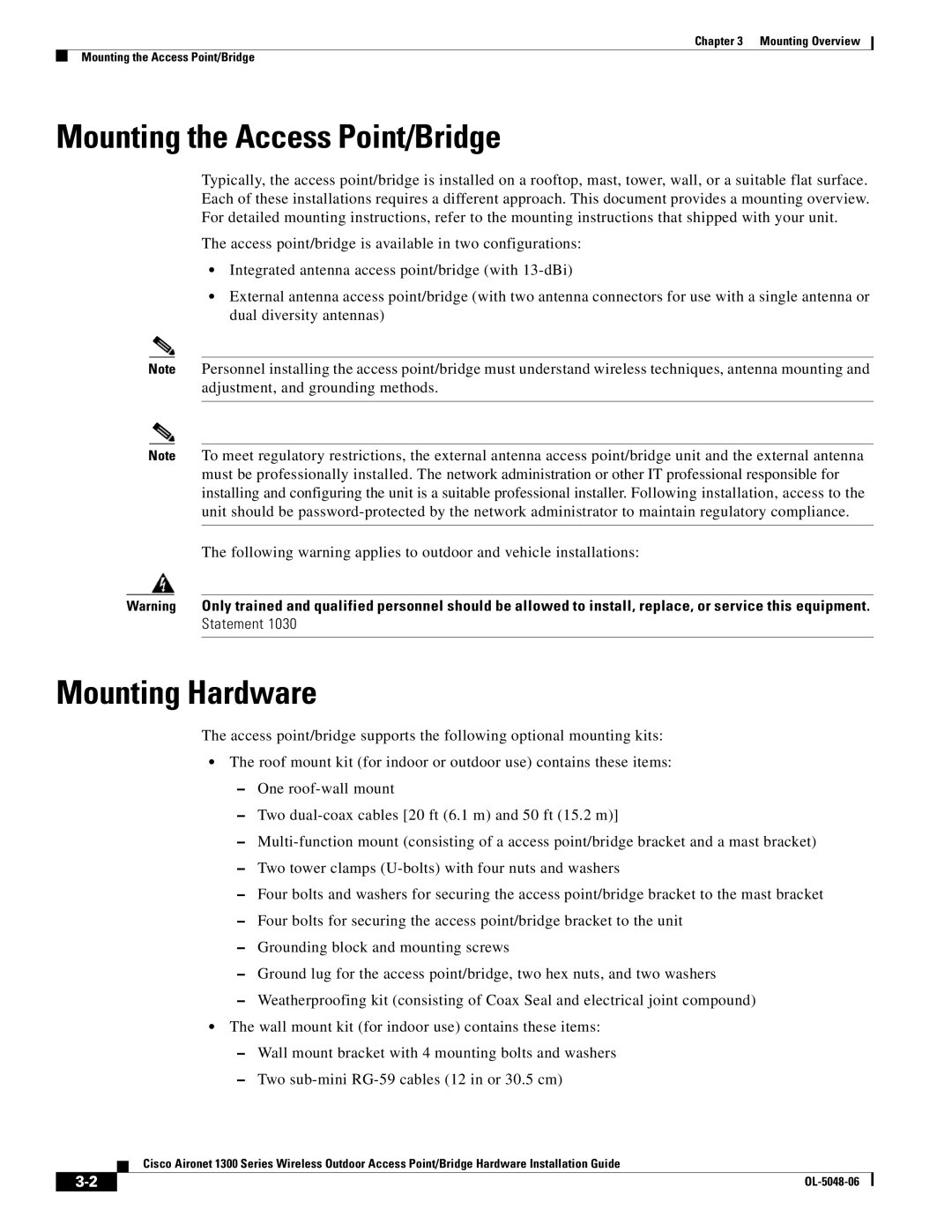 Cisco Systems 1300 manual Mounting the Access Point/Bridge, Mounting Hardware 