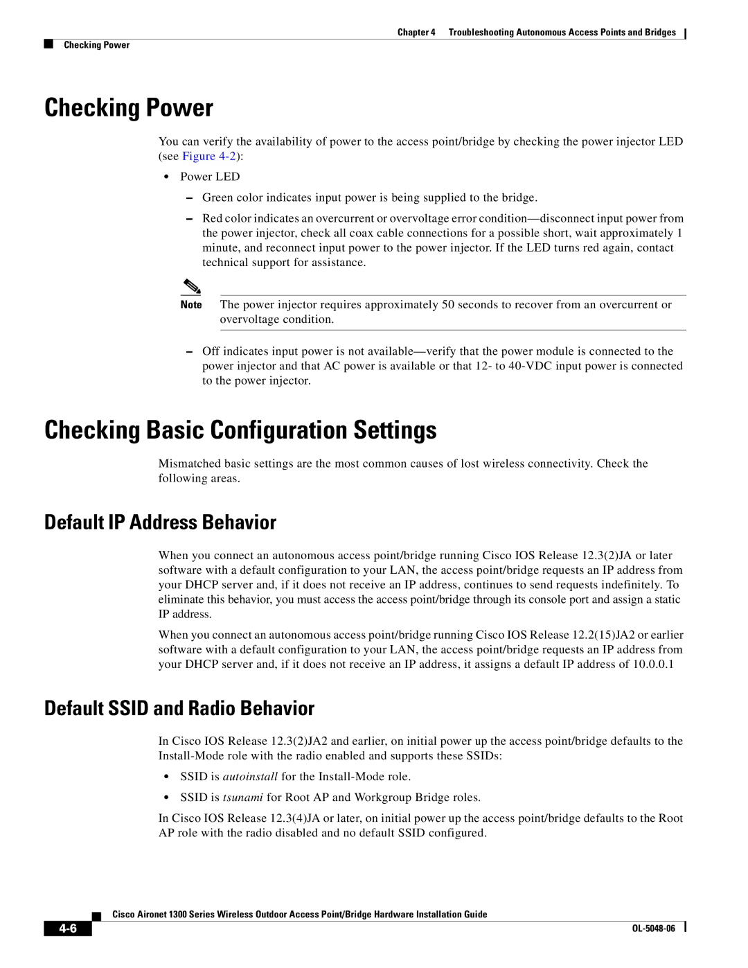 Cisco Systems 1300 manual Checking Power, Checking Basic Configuration Settings, Default IP Address Behavior 