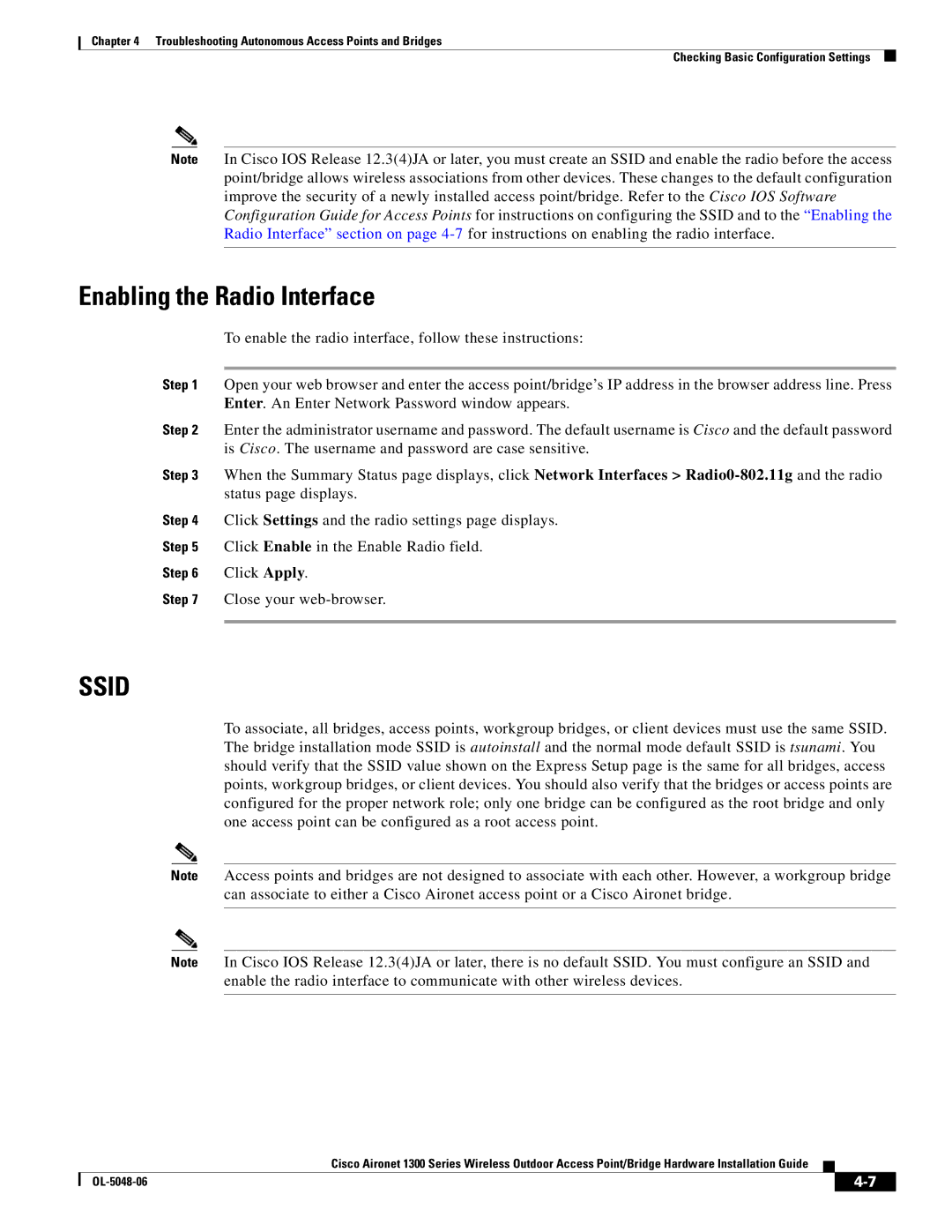 Cisco Systems 1300 manual Enabling the Radio Interface, Ssid 