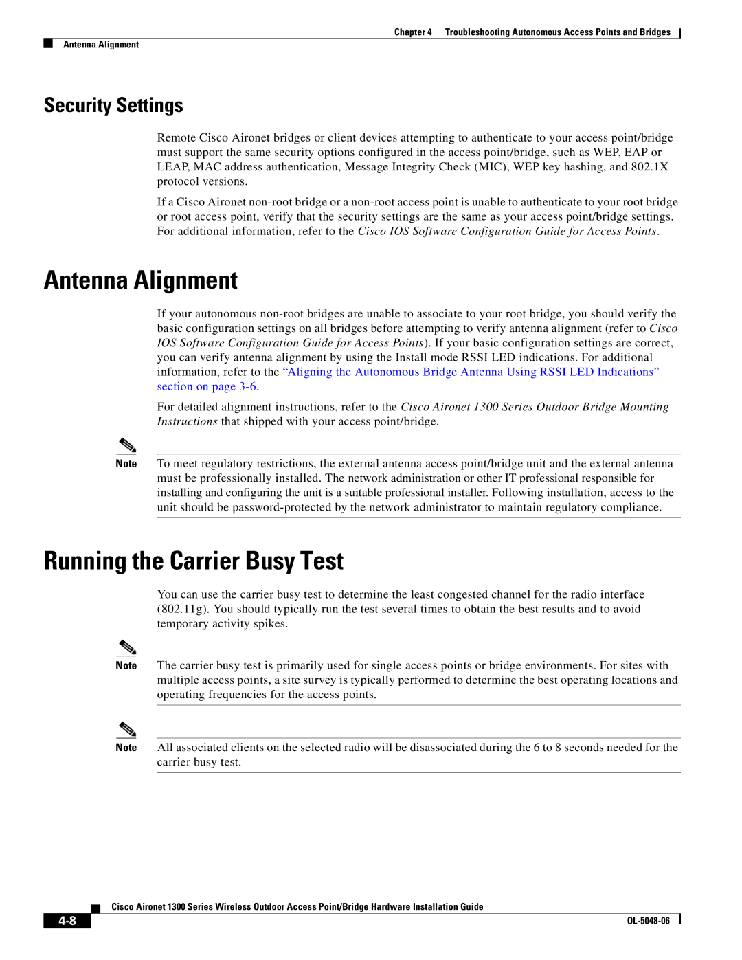 Cisco Systems 1300 manual Antenna Alignment, Running the Carrier Busy Test, Security Settings 