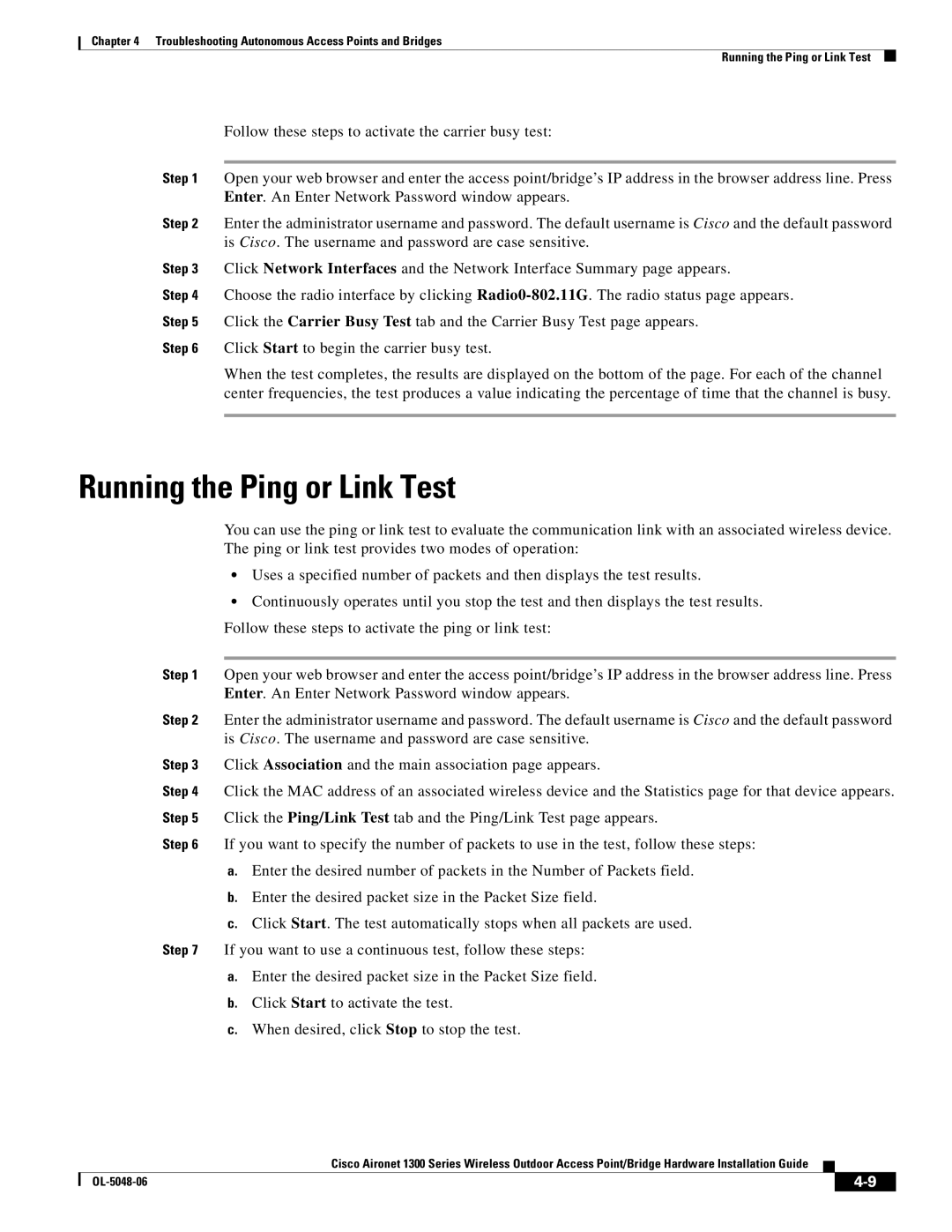 Cisco Systems 1300 manual Running the Ping or Link Test 