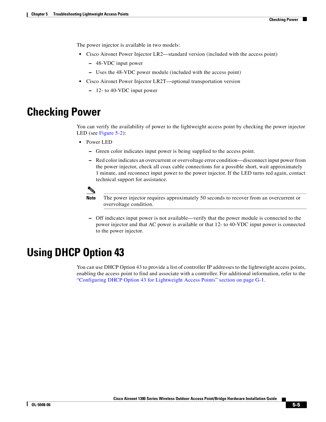 Cisco Systems 1300 manual Checking Power, Using Dhcp Option 