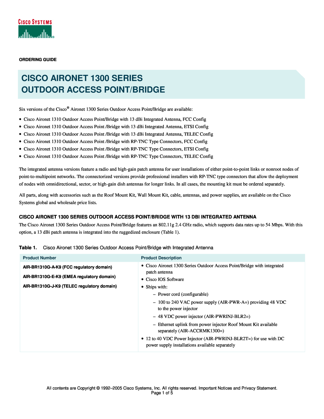 Cisco Systems manual CISCO AIRONET 1300 SERIES OUTDOOR ACCESS POINT/BRIDGE 