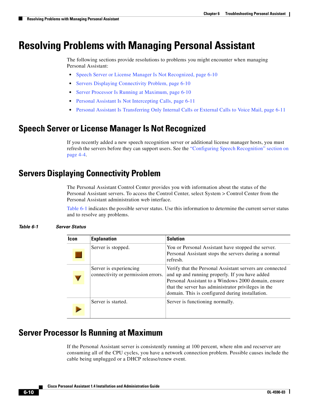 Cisco Systems 1.4 Resolving Problems with Managing Personal Assistant, Speech Server or License Manager Is Not Recognized 