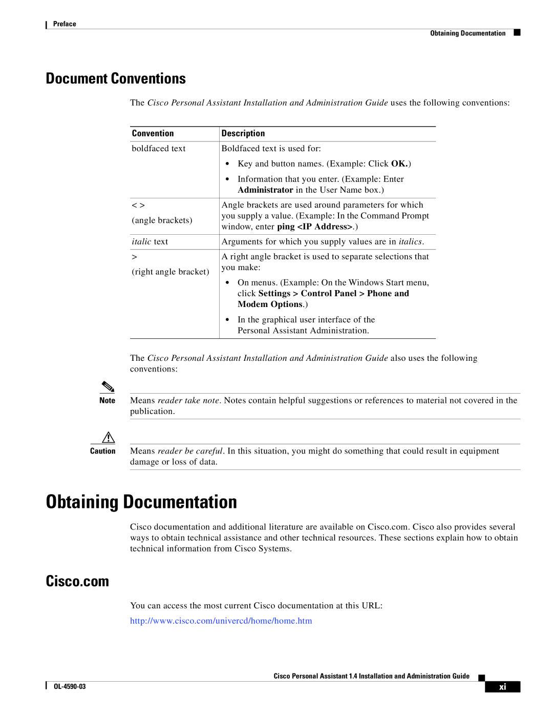 Cisco Systems 1.4 manual Obtaining Documentation, Document Conventions, Cisco.com, Convention Description 