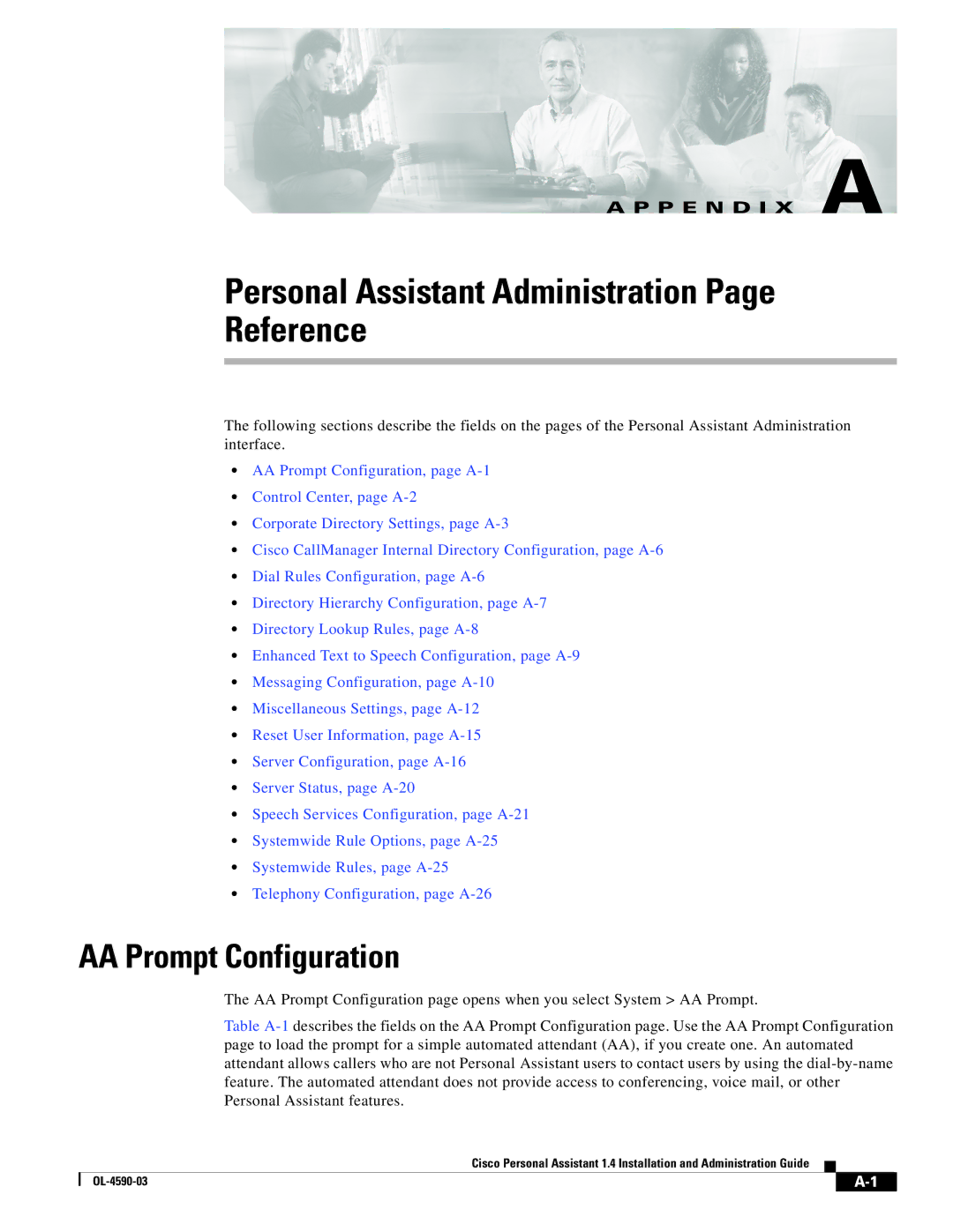 Cisco Systems 1.4 manual Personal Assistant Administration Reference, AA Prompt Configuration 