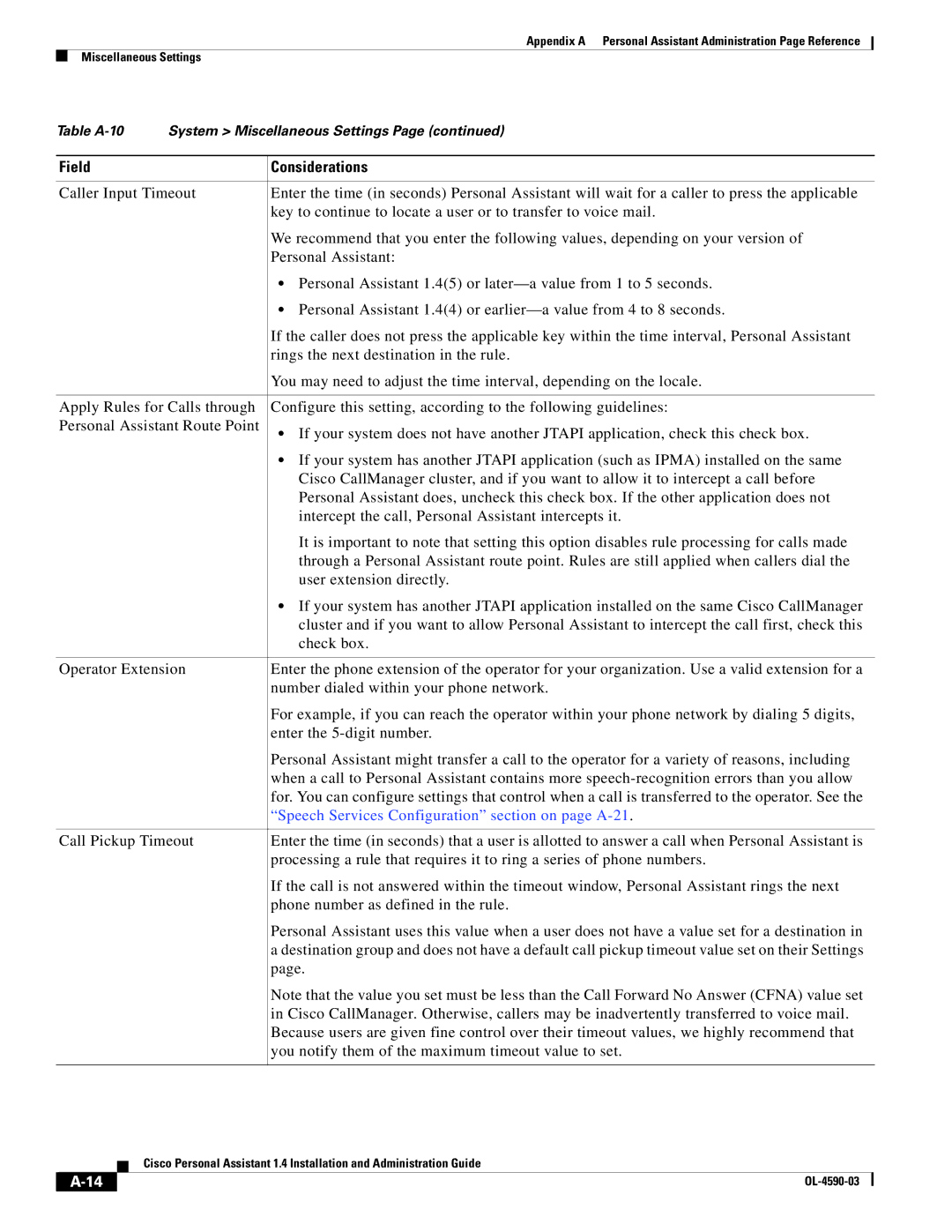 Cisco Systems 1.4 manual Speech Services Configuration section on page A-21 