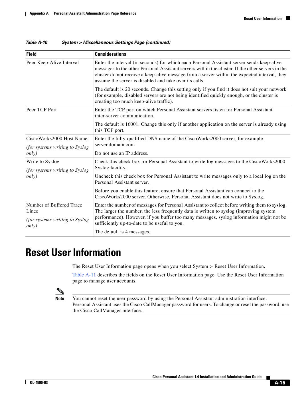 Cisco Systems 1.4 manual Reset User Information 