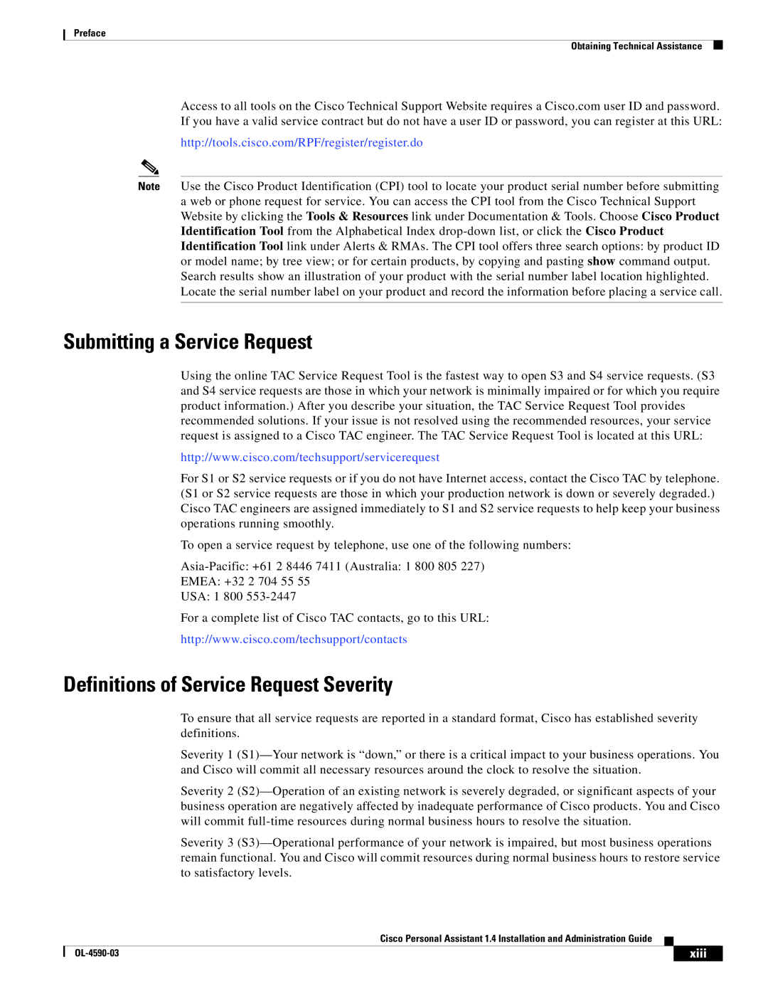 Cisco Systems 1.4 manual Submitting a Service Request, Definitions of Service Request Severity 