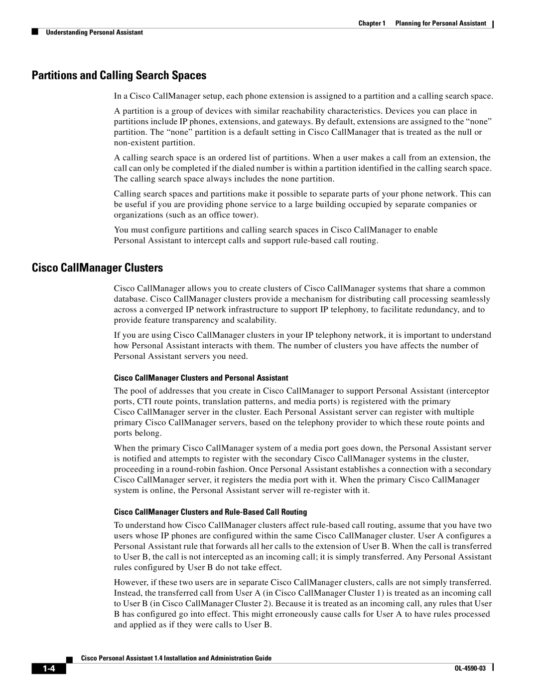 Cisco Systems 1.4 manual Cisco CallManager Clusters and Personal Assistant 