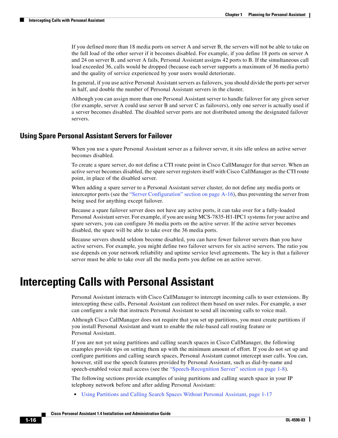 Cisco Systems 1.4 manual Intercepting Calls with Personal Assistant, Using Spare Personal Assistant Servers for Failover 