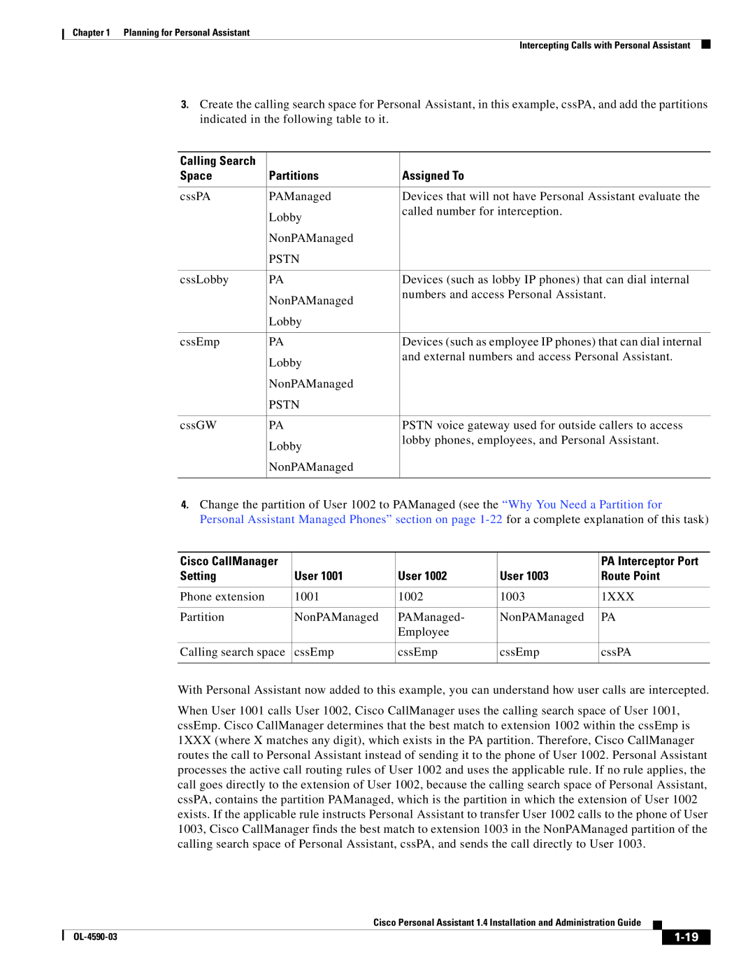 Cisco Systems 1.4 manual Space Partitions Assigned To, Cisco CallManager, Setting User Route Point 