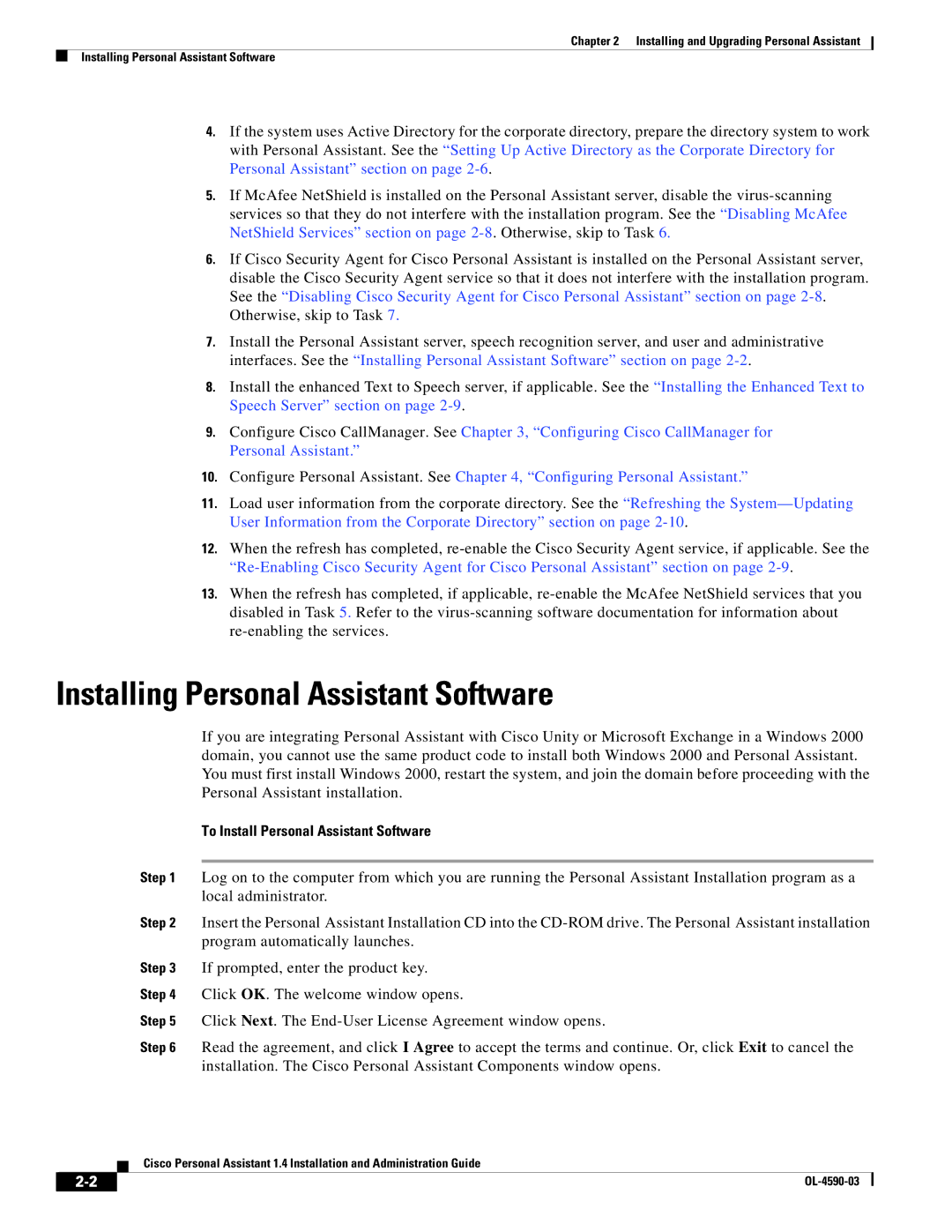 Cisco Systems 1.4 manual Installing Personal Assistant Software, To Install Personal Assistant Software 