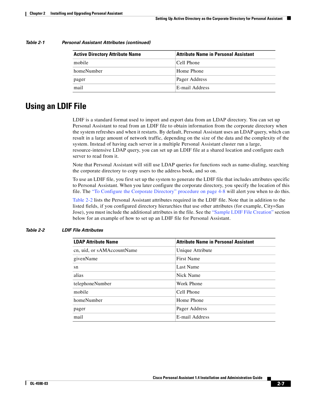 Cisco Systems 1.4 manual Using an Ldif File, Ldap Attribute Name Attribute Name in Personal Assistant 