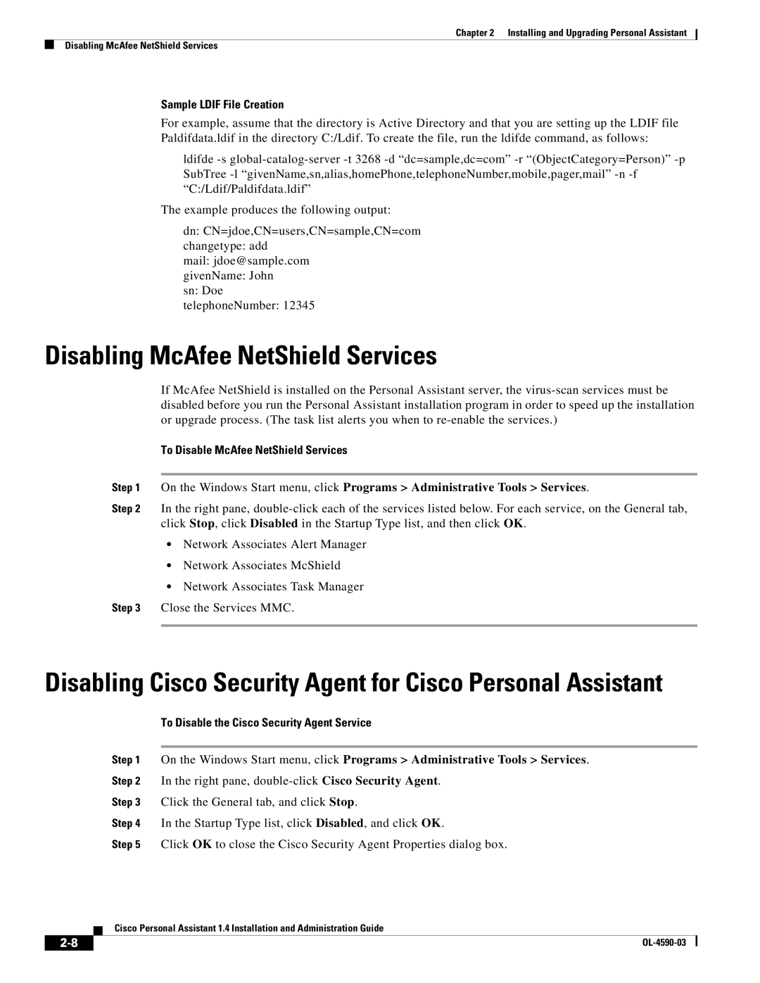 Cisco Systems 1.4 Disabling McAfee NetShield Services, Sample Ldif File Creation, To Disable McAfee NetShield Services 