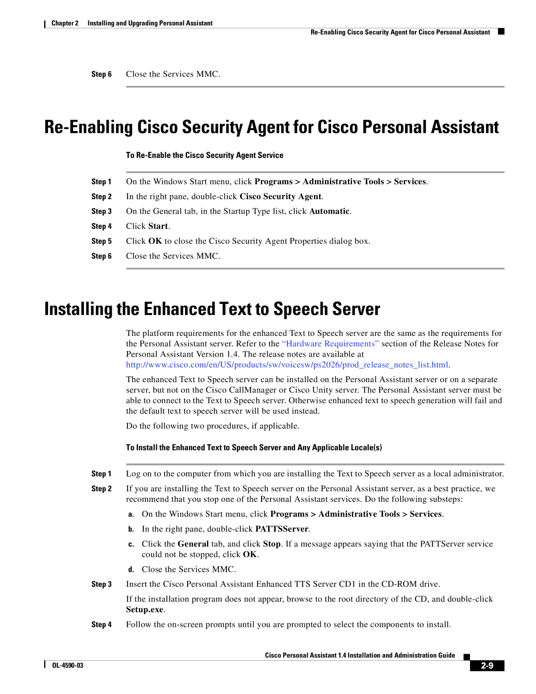 Cisco Systems 1.4 manual Installing the Enhanced Text to Speech Server, To Re-Enable the Cisco Security Agent Service 